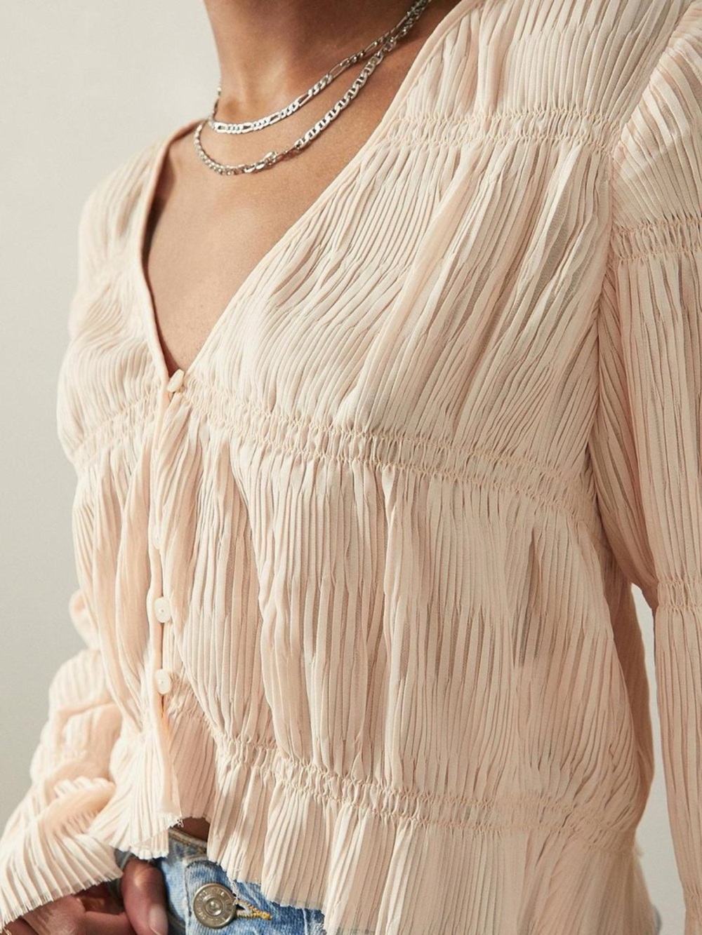 Urban Outfitters Pleated V-Neck Button Blouse in Light Blush